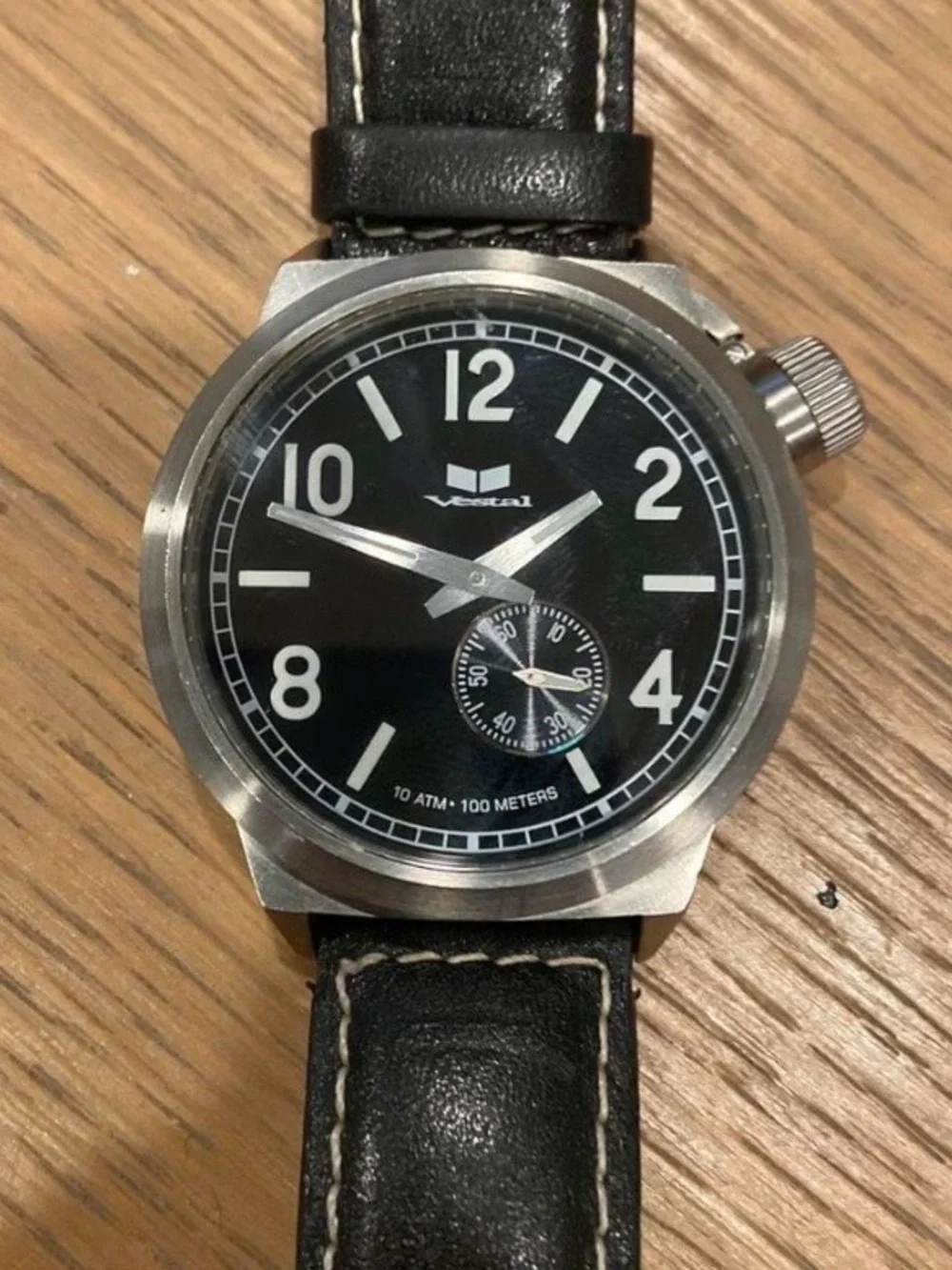 Vestal Men's Black Leather Strap Watch - Classic Analog Design